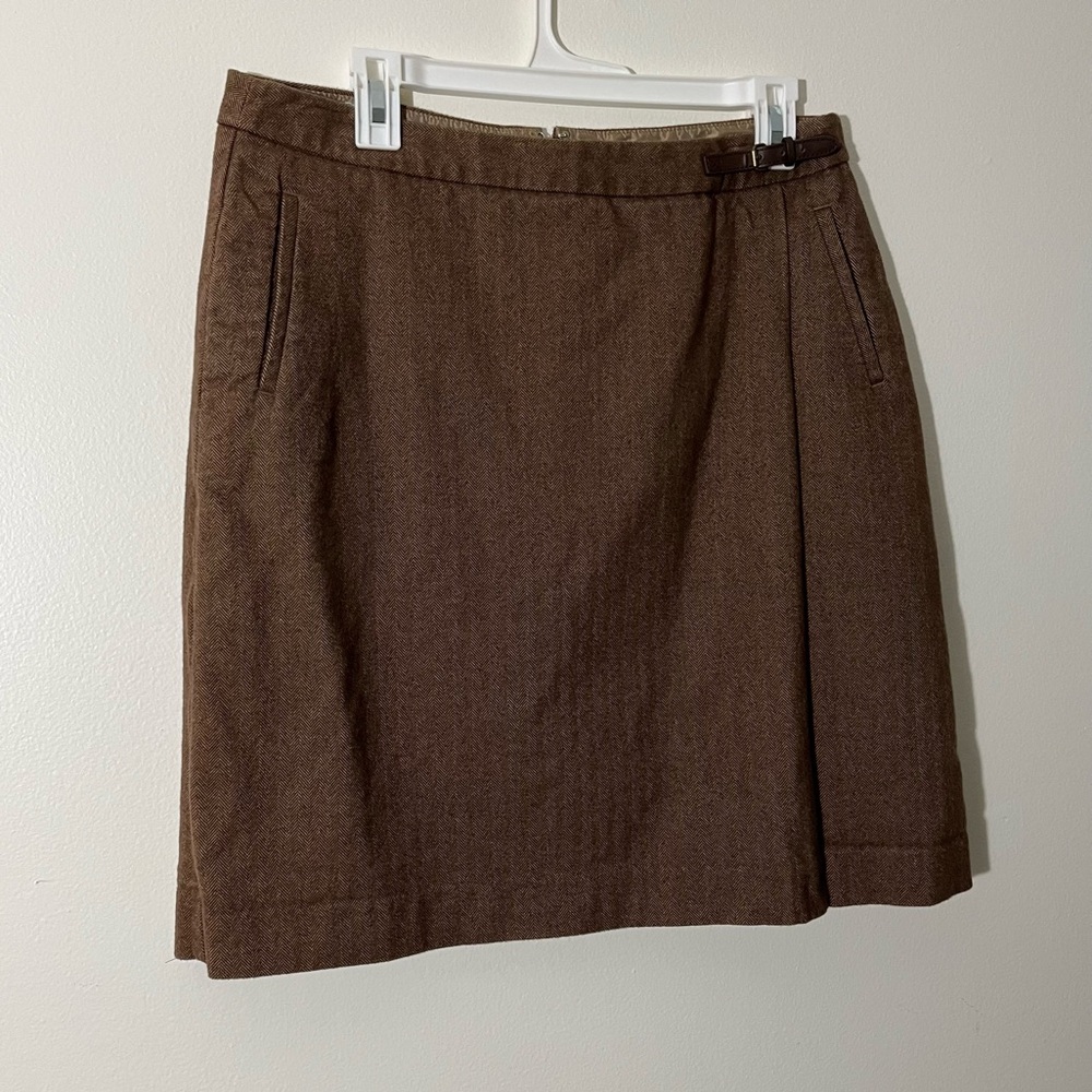 L.L. Bean Women’s Faux Wrap Academia Mini Skirt Brown Herringbone Size 12